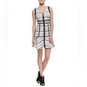 Rebecca Taylor Raffia Tweed Full Front Zip Dress - White/Black - Size 8 -‎ EUC